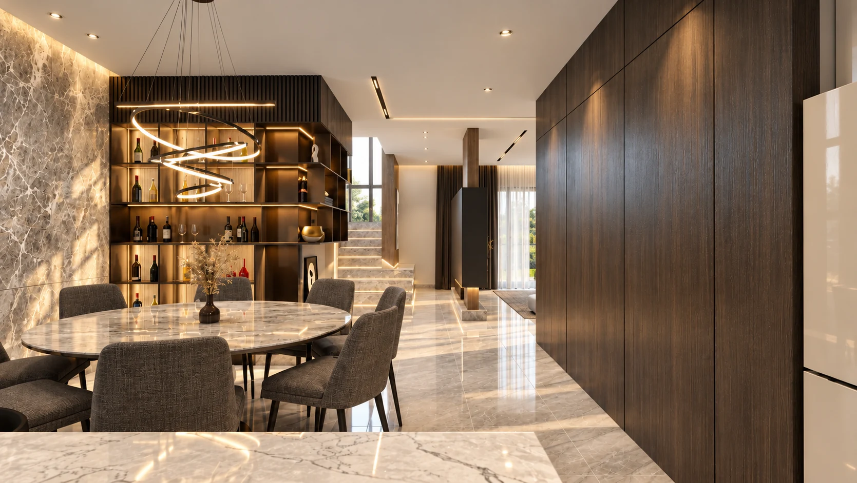 Dining, circulation and sculptural lighting.
