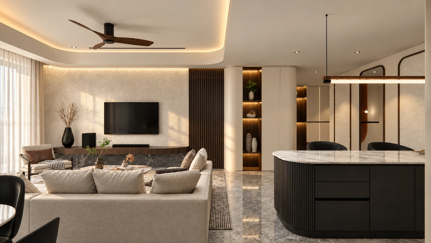 Open-plan interior with curved island, sculpted ceiling and warm timber details