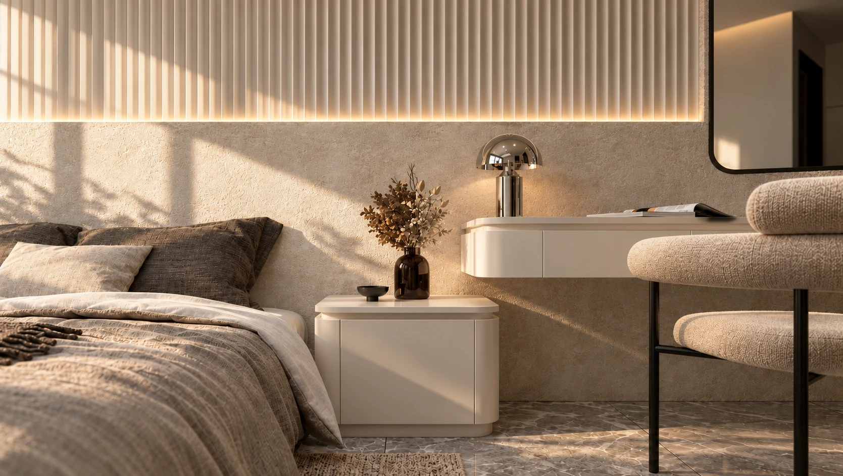 Tactile finishes, soft furnishings and warm daylight.